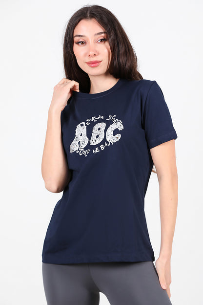 Kadın Bisiklet Yaka Pul İşlemeli T-Shirt Lacivert