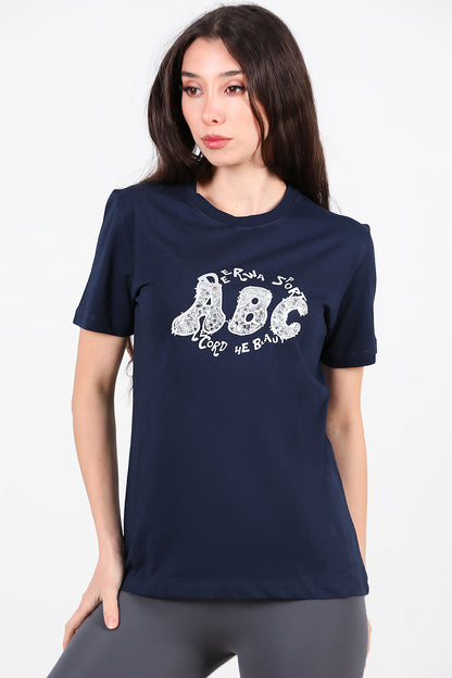 Kadın Bisiklet Yaka Pul İşlemeli T-Shirt Lacivert