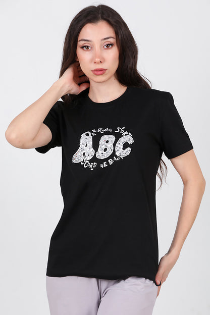 Kadın Bisiklet Yaka Pul İşlemeli T-Shirt Siyah