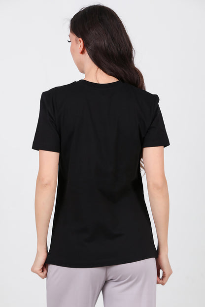 Kadın Bisiklet Yaka Pul İşlemeli T-Shirt Siyah