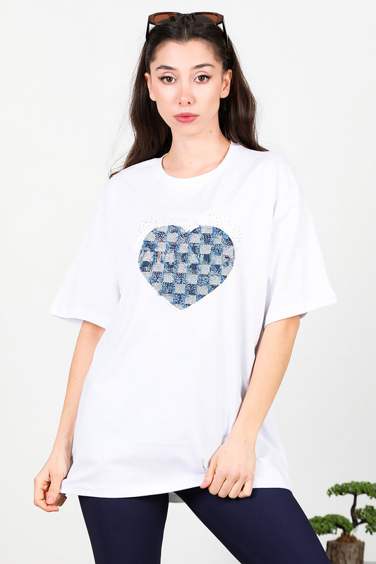 Kadın Kalp Kot Nakışlı Taşlı Oversize T-shirt Ekru