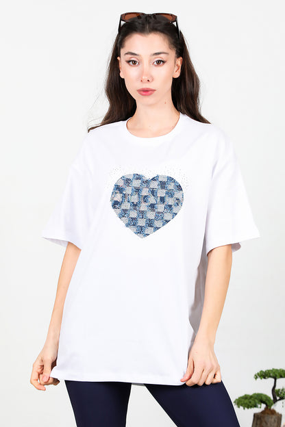 Kadın Kalp Kot Nakışlı Taşlı Oversize T-shirt Ekru