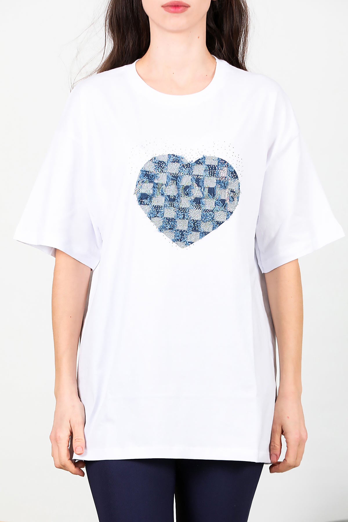Kadın Kalp Kot Nakışlı Taşlı Oversize T-shirt Ekru