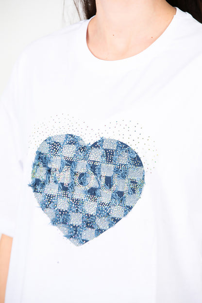 Kadın Kalp Kot Nakışlı Taşlı Oversize T-shirt Ekru