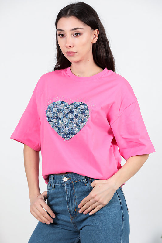 Kadın Kalp Kot Nakışlı Taşlı Oversize T-shirt Pembe