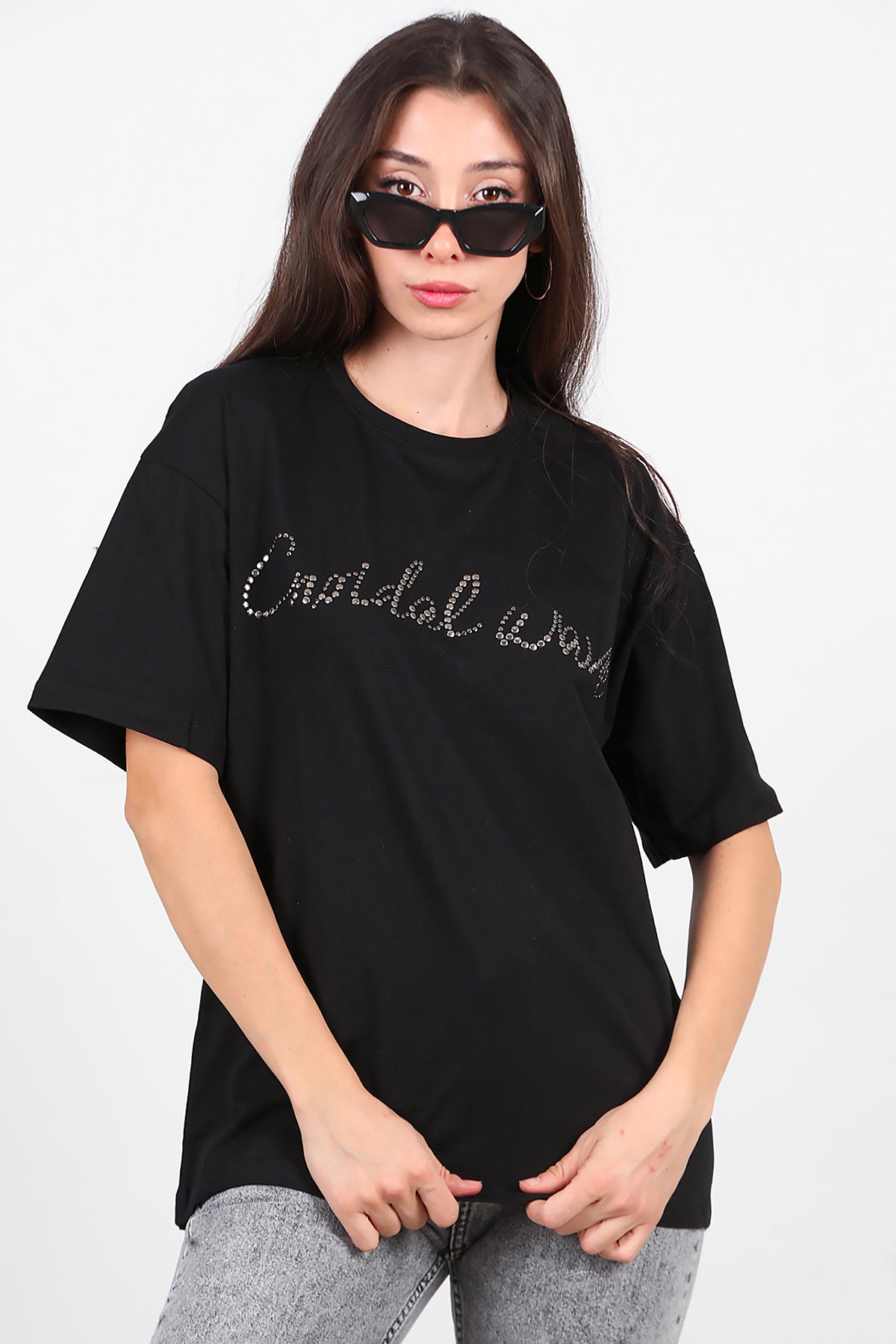 Kadın Taşlı Oversize T-Shirt  Siyah