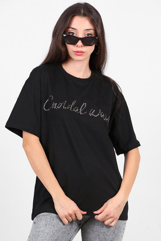 Kadın Taşlı Oversize T-Shirt  Siyah