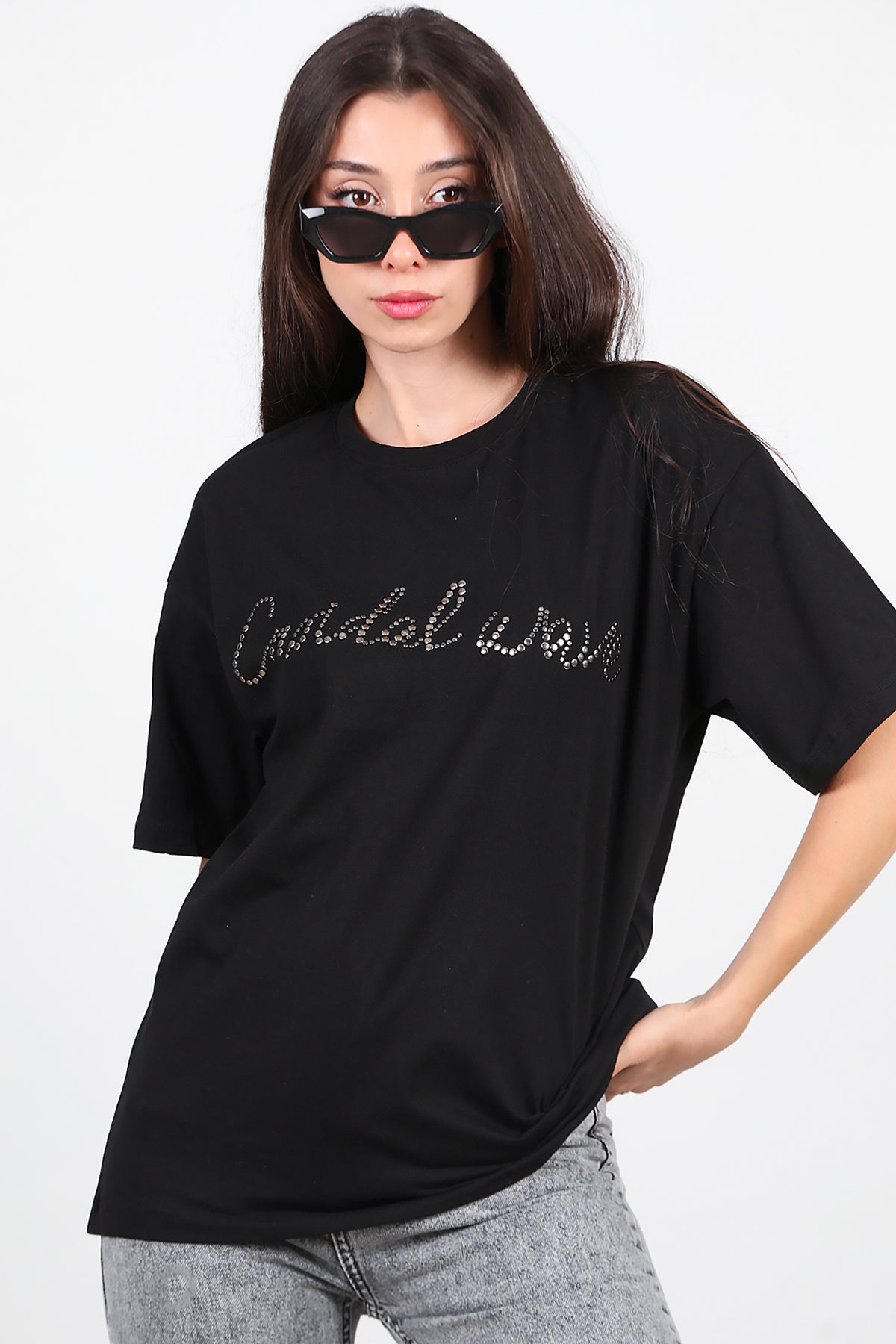 Kadın Taşlı Oversize T-Shirt  Siyah