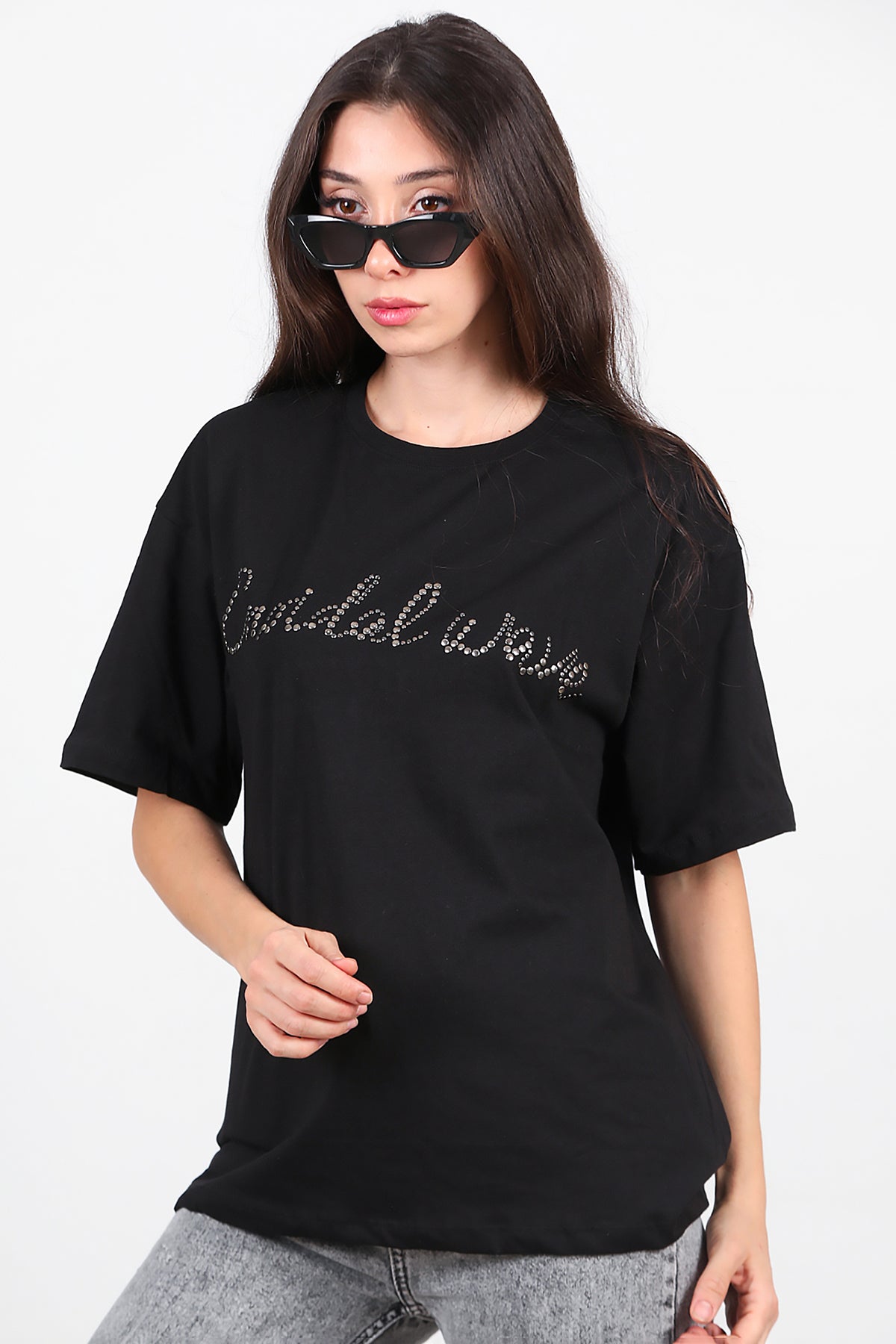 Kadın Taşlı Oversize T-Shirt  Siyah