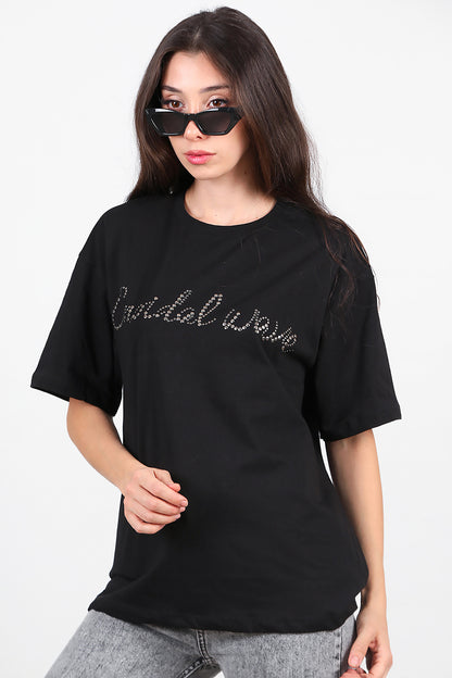 Kadın Taşlı Oversize T-Shirt  Siyah