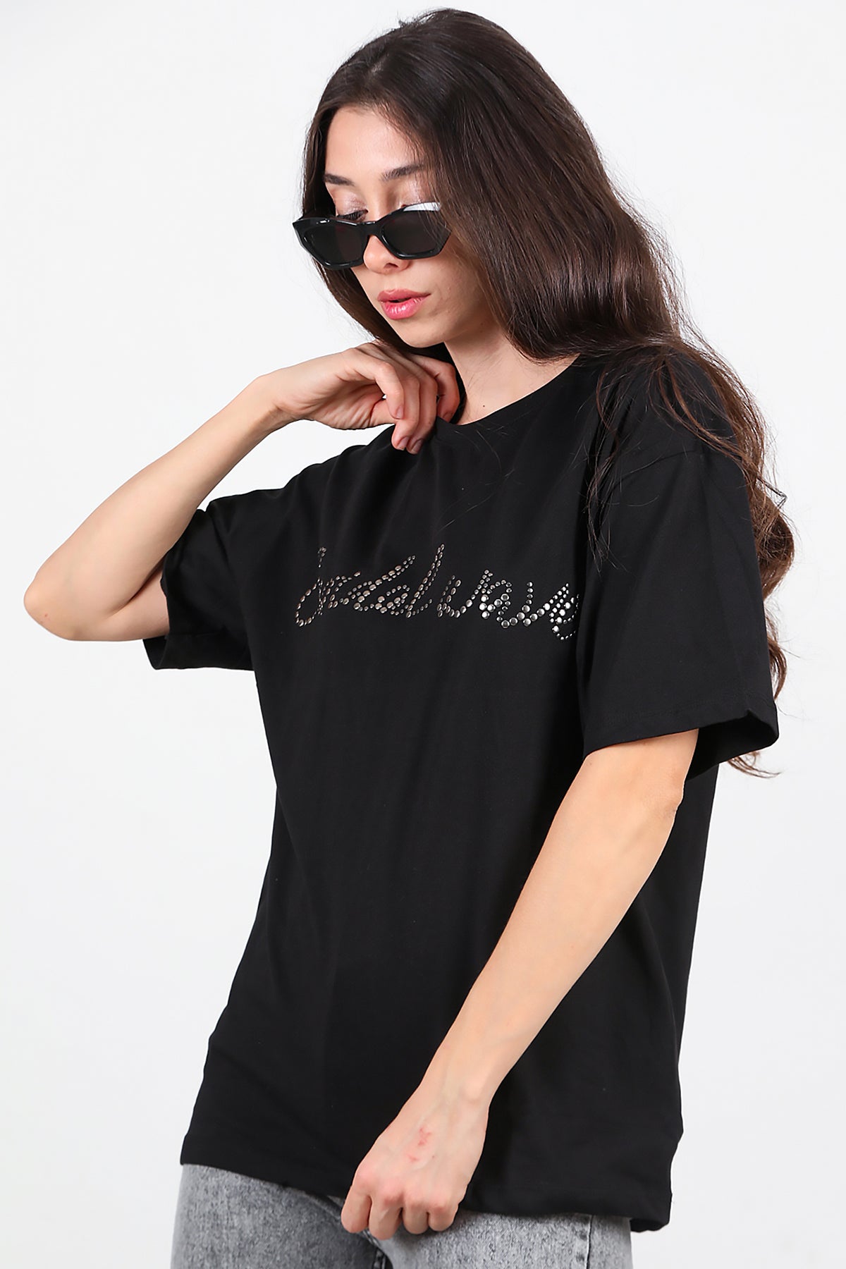 Kadın Taşlı Oversize T-Shirt  Siyah