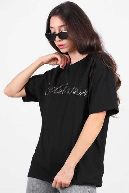 Kadın Taşlı Oversize T-Shirt  Siyah