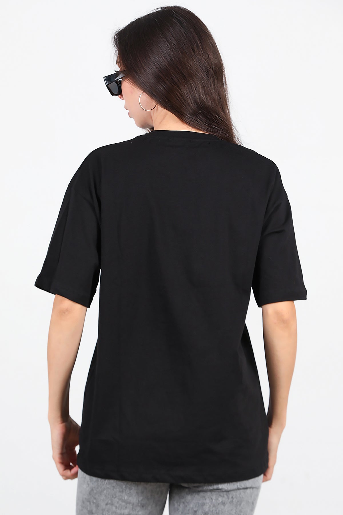 Kadın Taşlı Oversize T-Shirt  Siyah