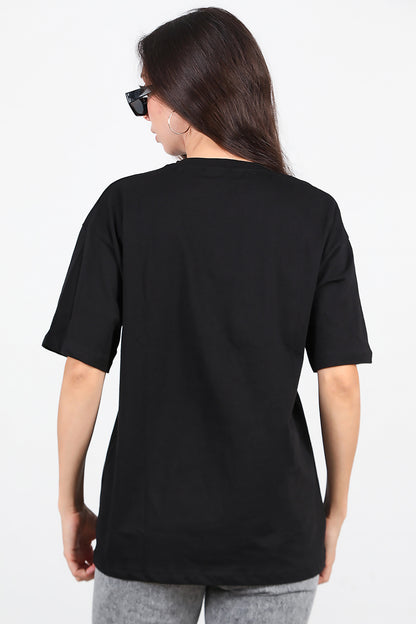 Kadın Taşlı Oversize T-Shirt  Siyah