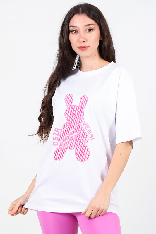 Kadın Baskılı Oversize T-Shirt Beyaz
