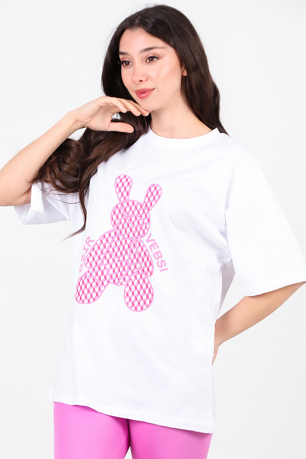 Kadın Baskılı Oversize T-Shirt Beyaz