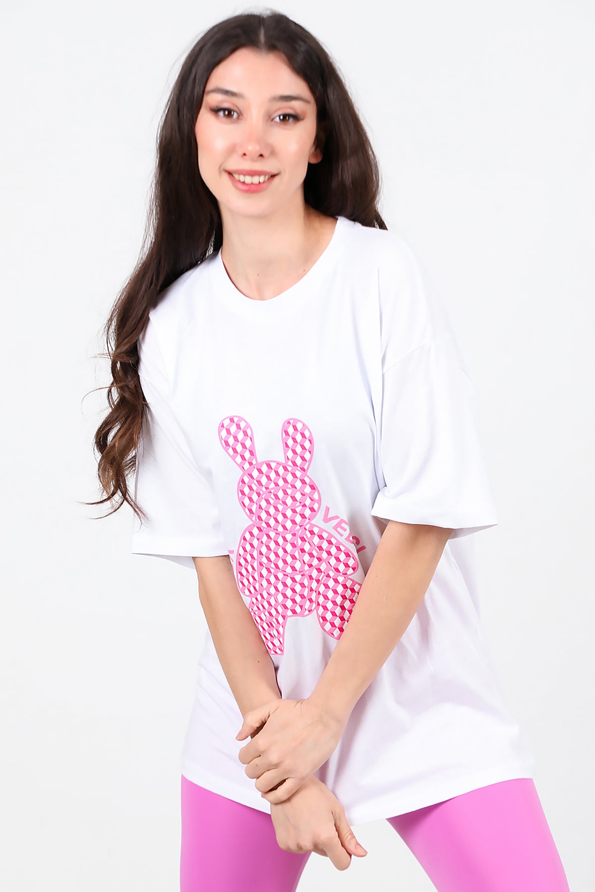 Kadın Baskılı Oversize T-Shirt Beyaz