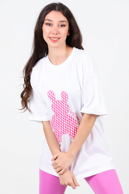 Kadın Baskılı Oversize T-Shirt Beyaz