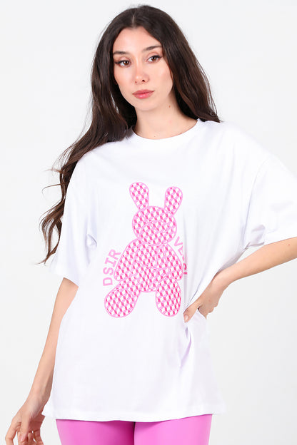 Kadın Baskılı Oversize T-Shirt Beyaz