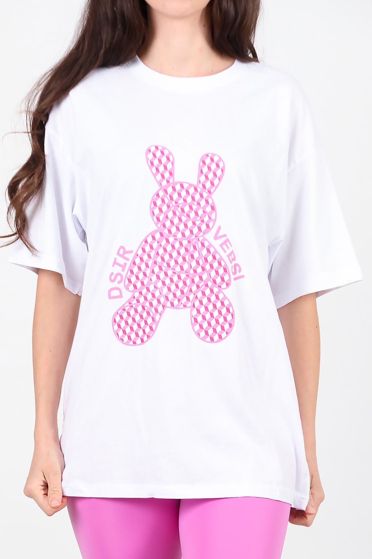 Kadın Baskılı Oversize T-Shirt Beyaz