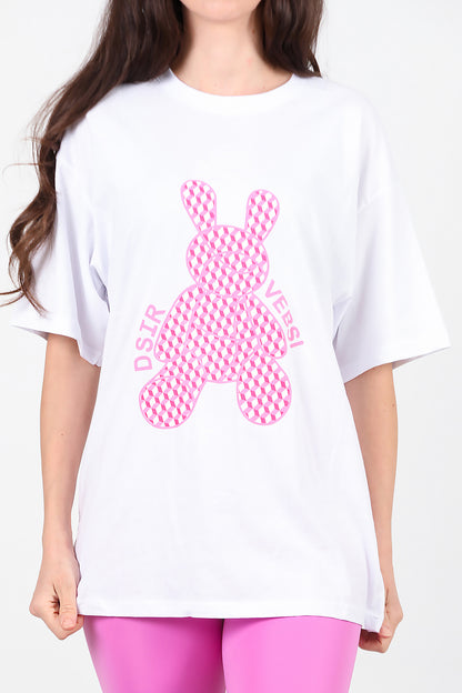 Kadın Baskılı Oversize T-Shirt Beyaz