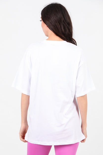 Kadın Baskılı Oversize T-Shirt Beyaz