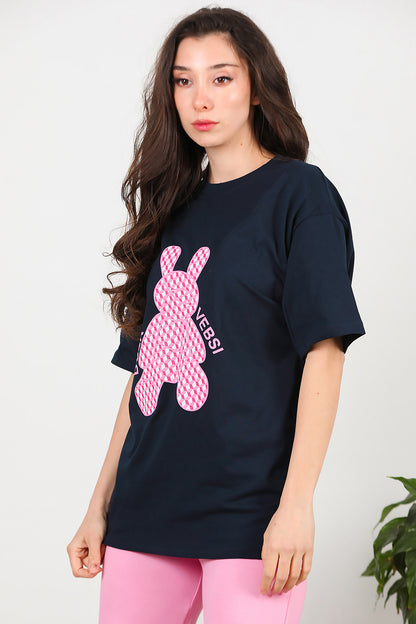 Kadın Baskılı Oversize T-Shirt Lacivert