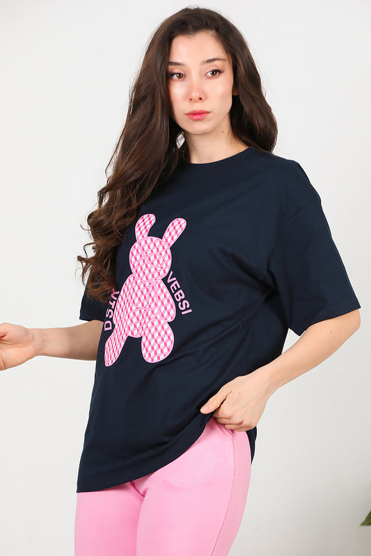 Kadın Baskılı Oversize T-Shirt Lacivert