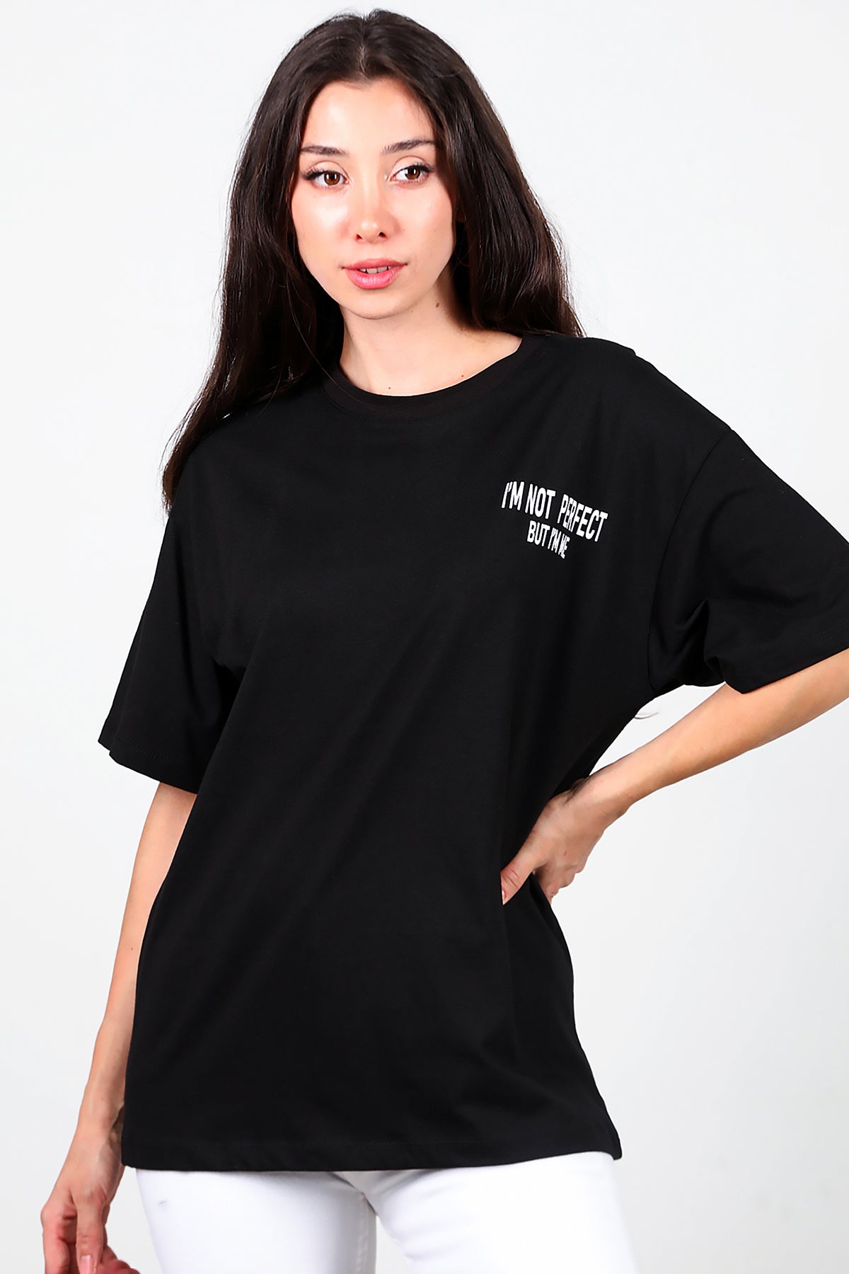 Kadın Ön-arka Baskılı T-Shirt Siyah