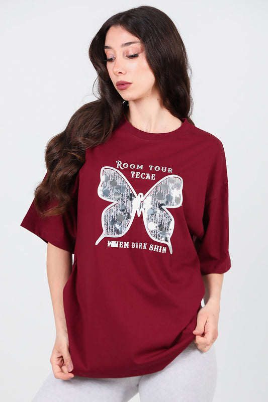 Kadın Bisiklet Yaka Kelebek Pullu T-Shirt Bordo