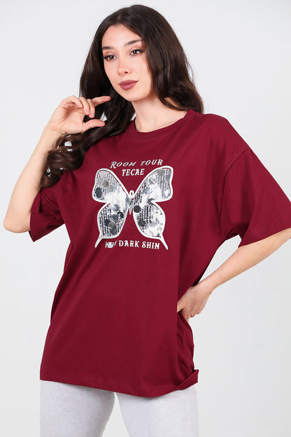 Kadın Bisiklet Yaka Kelebek Pullu T-Shirt Bordo
