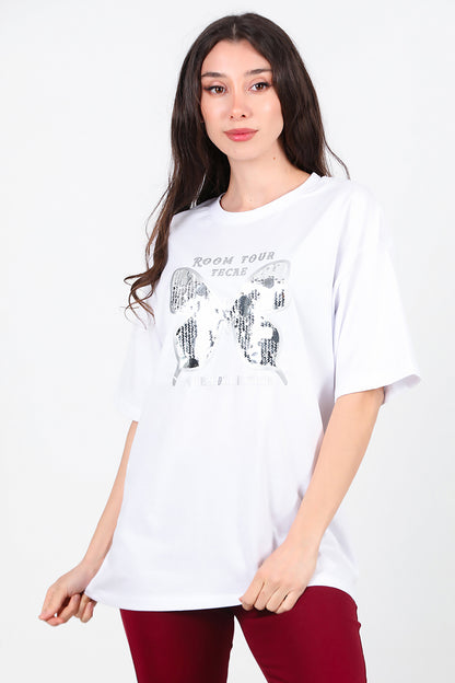 Kadın Bisiklet Yaka Kelebek Pullu T-Shirt Beyaz