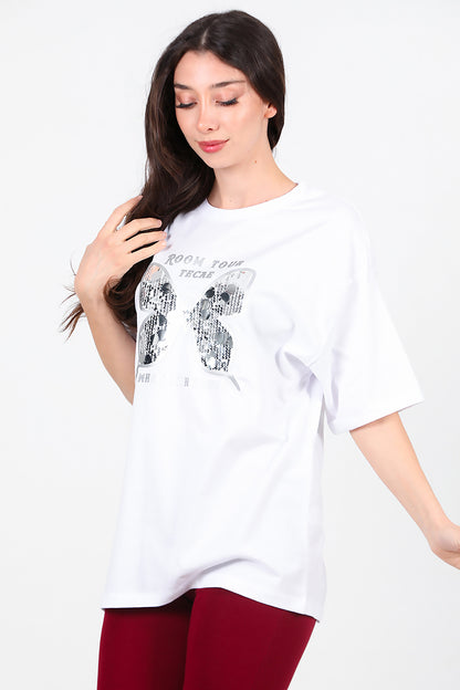 Kadın Bisiklet Yaka Kelebek Pullu T-Shirt Beyaz