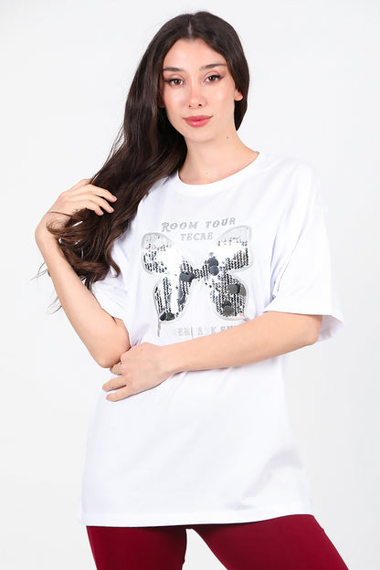 Kadın Bisiklet Yaka Kelebek Pullu T-Shirt Beyaz