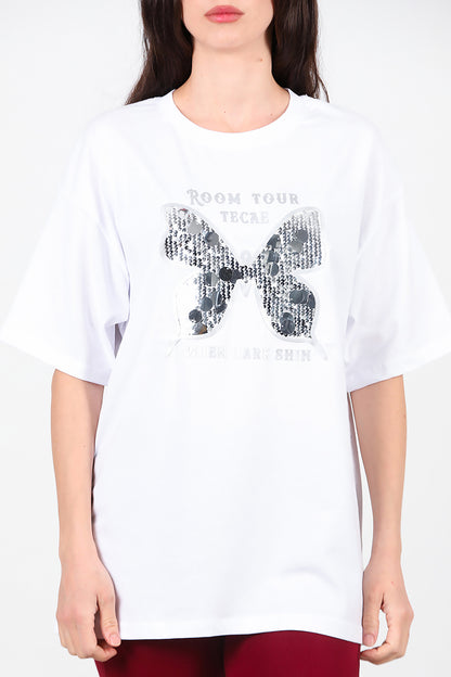 Kadın Bisiklet Yaka Kelebek Pullu T-Shirt Beyaz