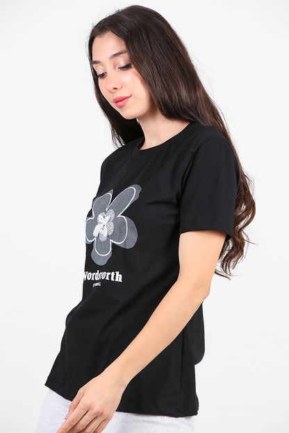 Kadın Fiyonk Nakışlı T-Shirt Siyah