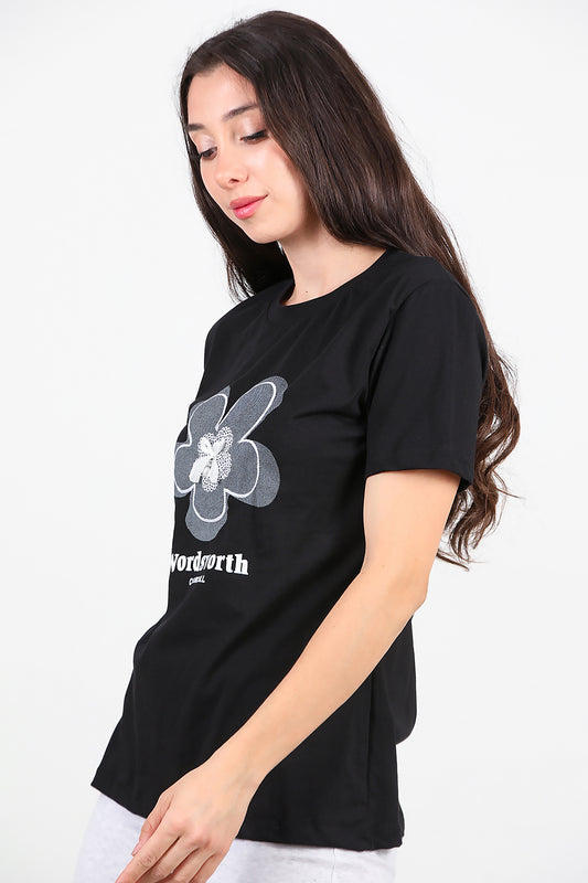 Kadın Fiyonk Nakışlı T-Shirt Siyah