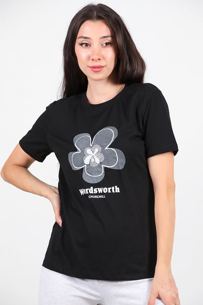 Kadın Fiyonk Nakışlı T-Shirt Siyah