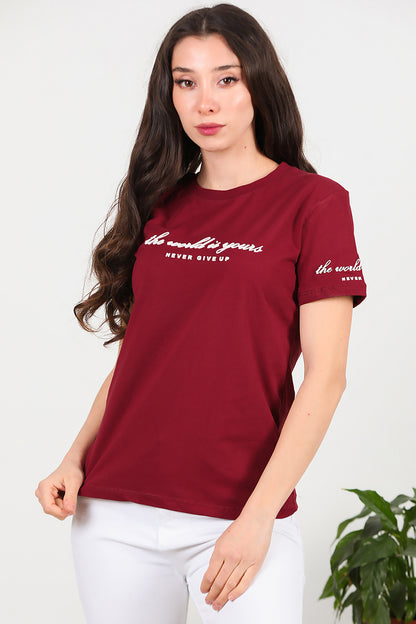 Kadın Bisiklet Yaka T-Shirt Bordo