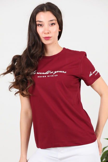 Kadın Bisiklet Yaka T-Shirt Bordo