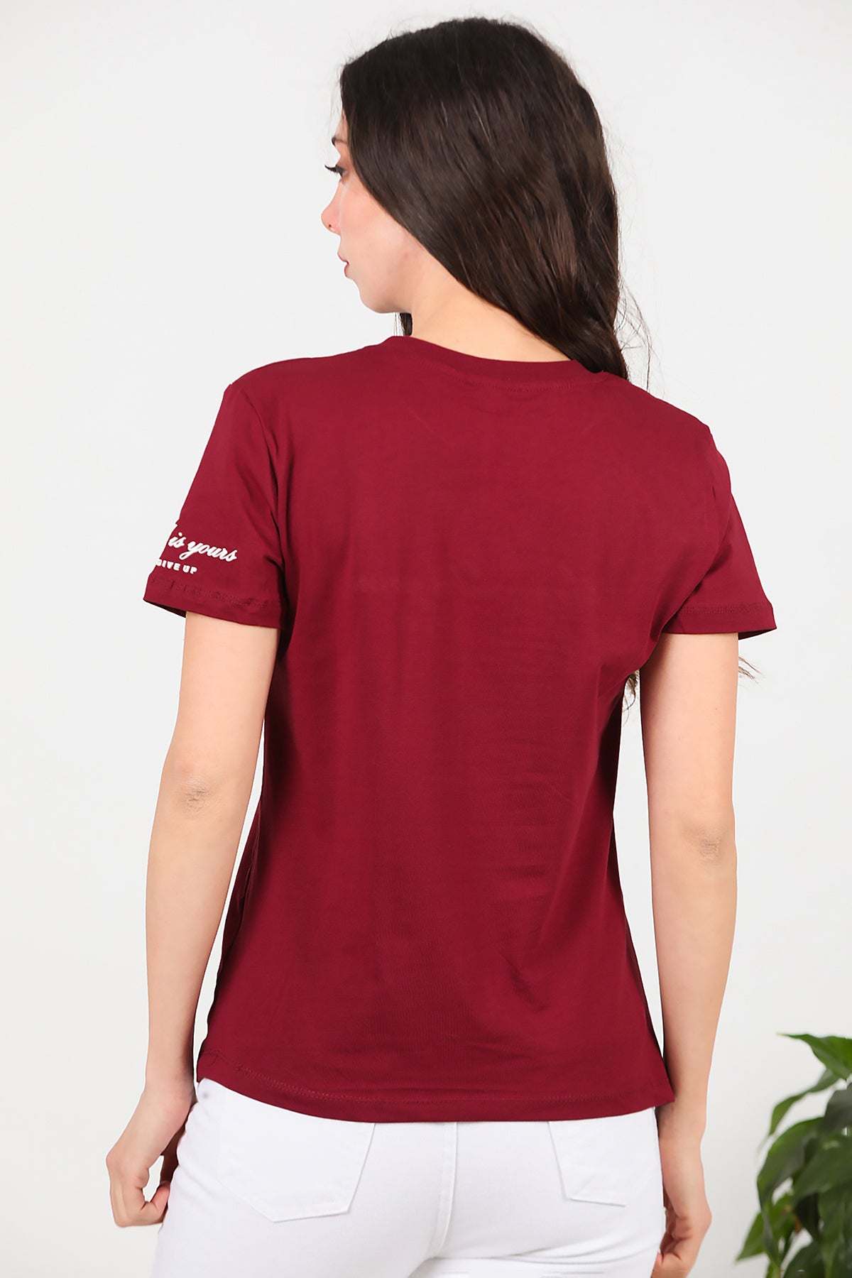 Kadın Bisiklet Yaka T-Shirt Bordo