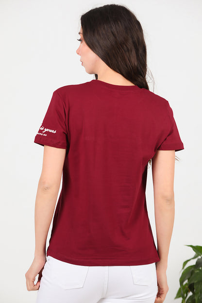Kadın Bisiklet Yaka T-Shirt Bordo