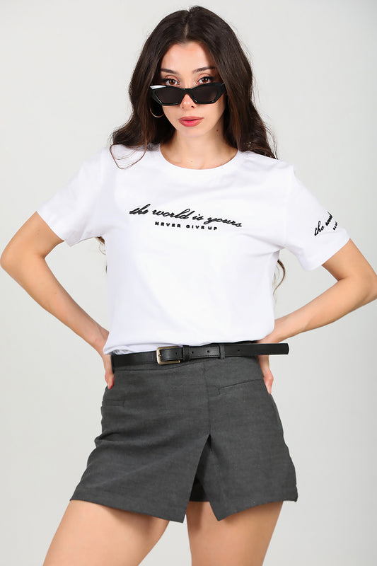 Kadın Bisiklet Yaka T-Shirt Beyaz