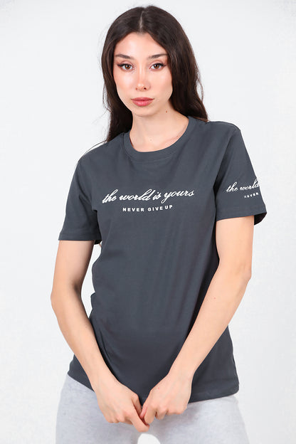 Kadın Bisiklet Yaka T-Shirt Füme