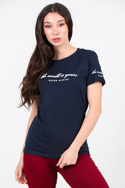 Kadın Bisiklet Yaka T-Shirt Lacivert
