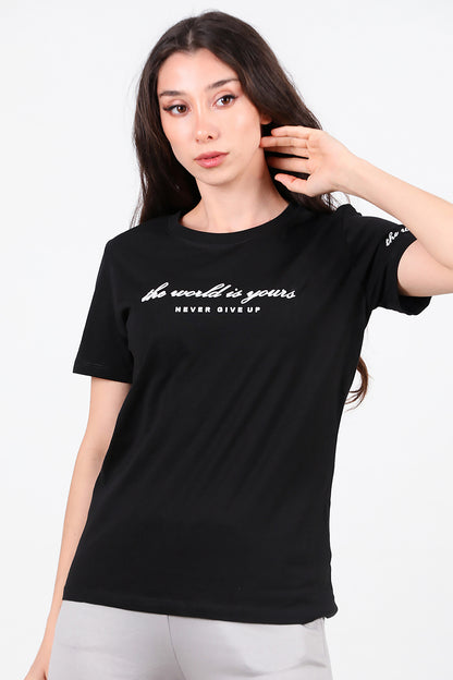Kadın Bisiklet Yaka T-Shirt Siyah