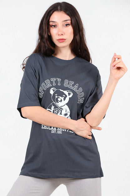 Kadın Baskılı T-Shirt Füme