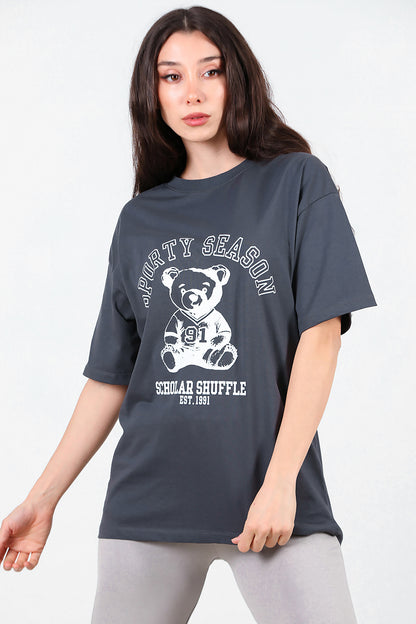 Kadın Baskılı T-Shirt Füme