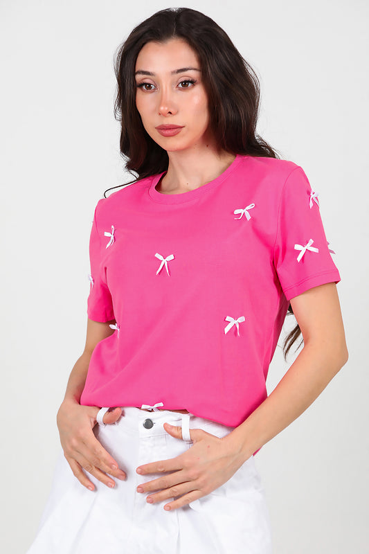 Kadın Bisiklet Yaka Fiyonklu T-Shirt Pembe