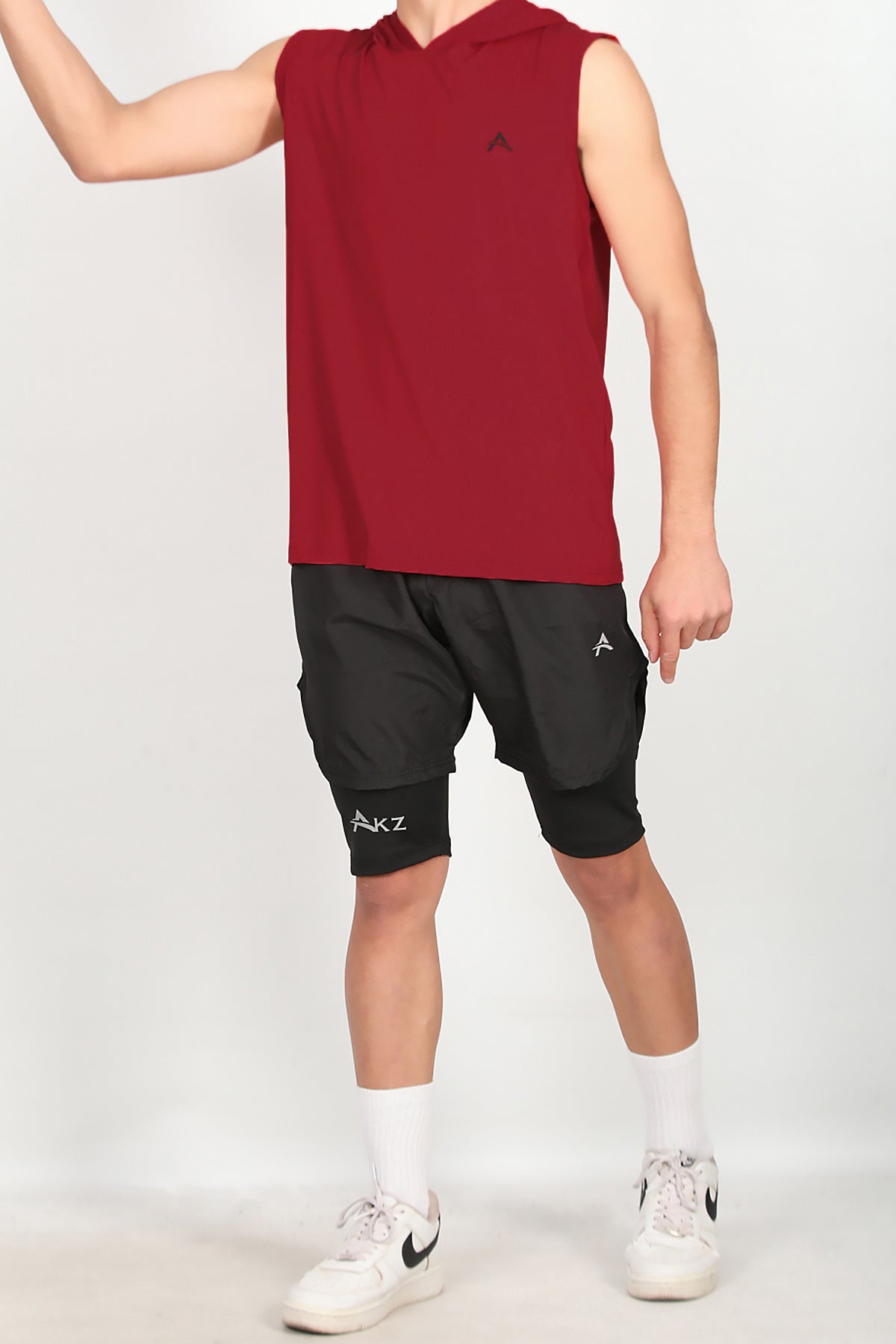 Erkek Kapşonlu Kolsuz T-shirt Kırmızı